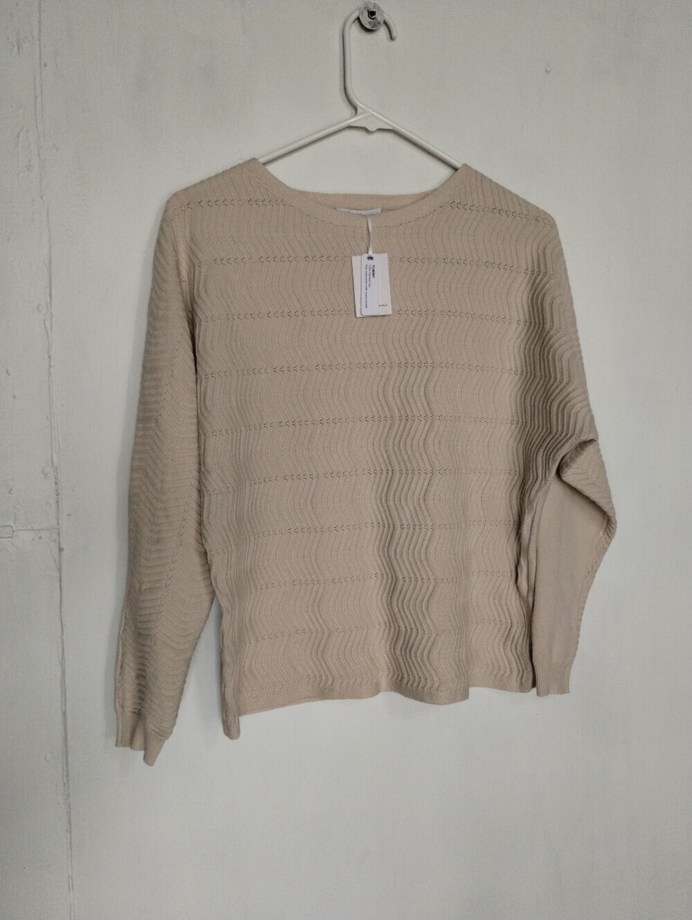 Milano Cream Textured Wave Knit Crewneck Sweater